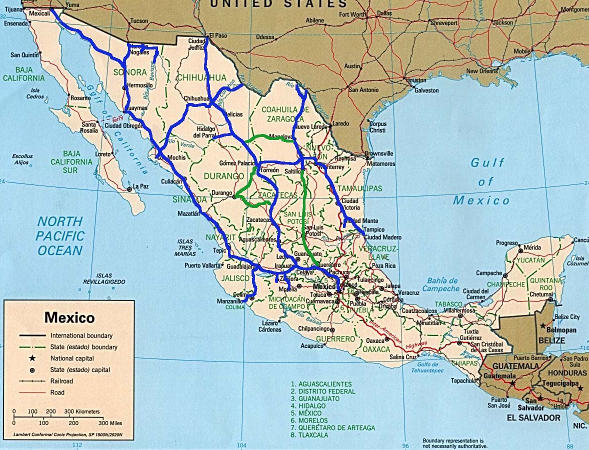 メキシコの鉄道の地図