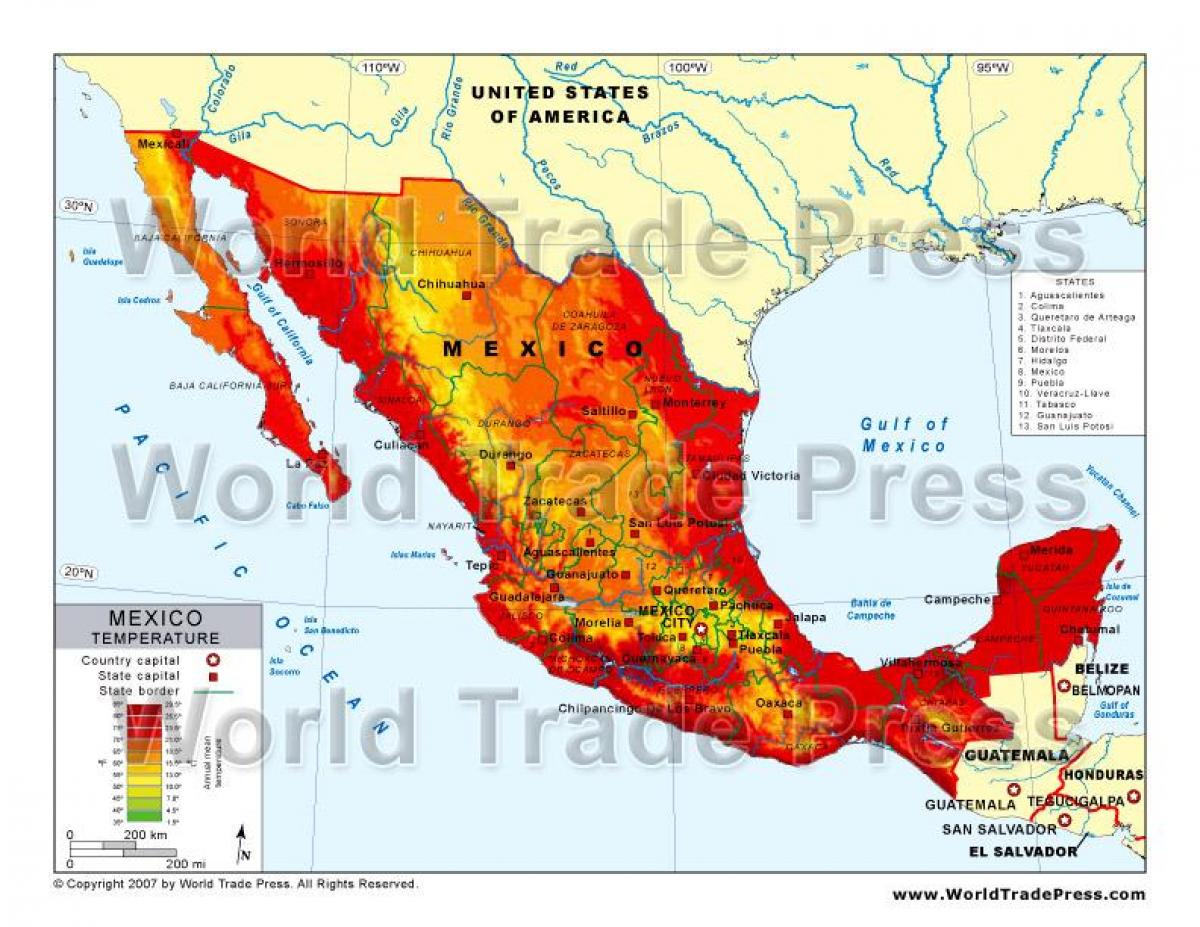 地図のメキシコで温度