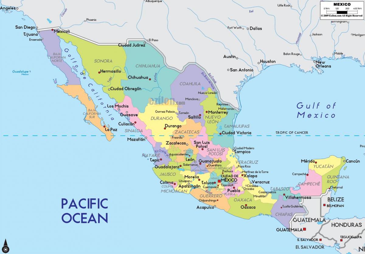 地図のメキシコの都市と国家