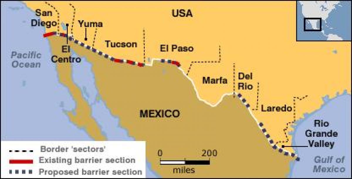 地図のメキシコの国境